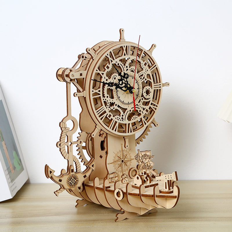 DIY Mechanical Pirate Ship Clock 3D Wooden Mechanical Puzzle Construction Kit | Nikpuzzles