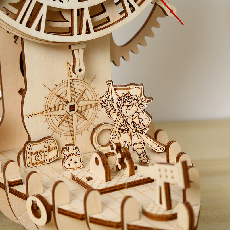 DIY Mechanical Pirate Ship Clock 3D Wooden Mechanical Puzzle Construction Kit | Nikpuzzles