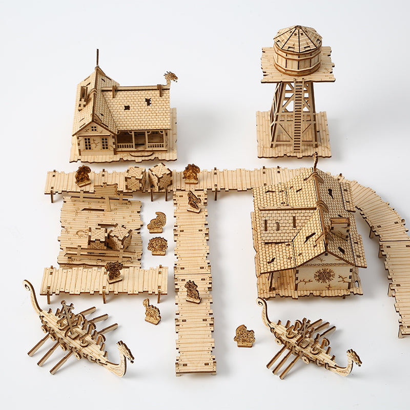 DIY Mechanical Viking Fishery Village 3D Wooden Mechanical Puzzle Construction Kit | Nikpuzzles