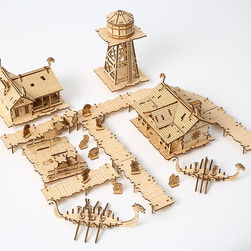 DIY Mechanical Viking Fishery Village 3D Wooden Mechanical Puzzle Construction Kit | Nikpuzzles